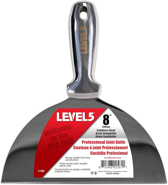 8" All Stainless Steel Joint Knife - LEVEL5 | Professional Grade Putty Blade, Premium Polished All-Metal, Precision Ground Edge, Ergonomic, Corrosion Resistant | 5-408