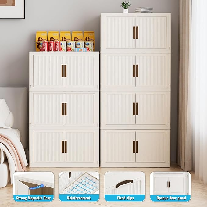 520QT/130GAL Stackable Storage Bins with 1 lid Storage Closet Organizers and Drawer Foldable Storage Bins Container with door Collapsible Storage Box for Home Office Dorm Room(104Qt X 5),White