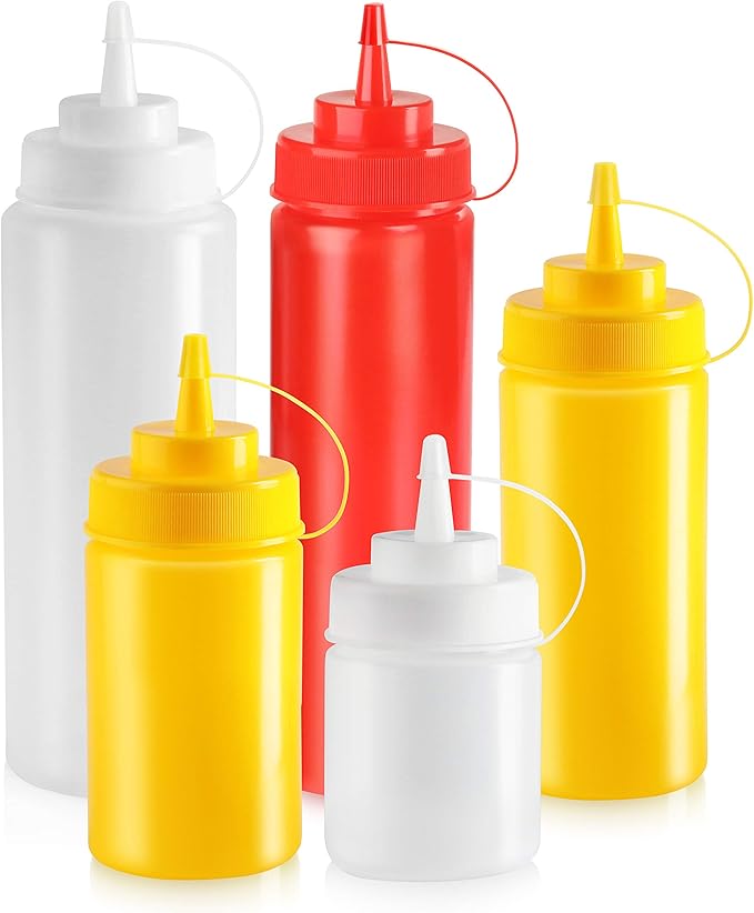 New Star Foodservice Squeeze Bottles, Plastic, Wide Mouth, 16 oz, Red, Pack of 6