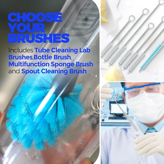 Holikme Bottle Brush Tube Cleaning Lab Set with Long Handle, Cup Cleaner for Washing Narrow Neck Beer Wine Decanter Pipes Lids Sinks Cap Covers, Pink
