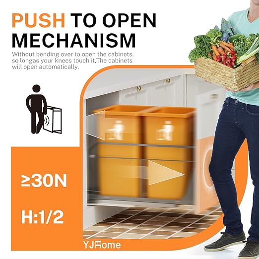 YJHome Pull Out Trash Can Under Cabinet with Push to Open Slides, Garbage Can Not Included, Double Cabinet Trash Can Pull Out Kit with Door Mounting Kit, Requires Minimum Cabinets Opening 18" W