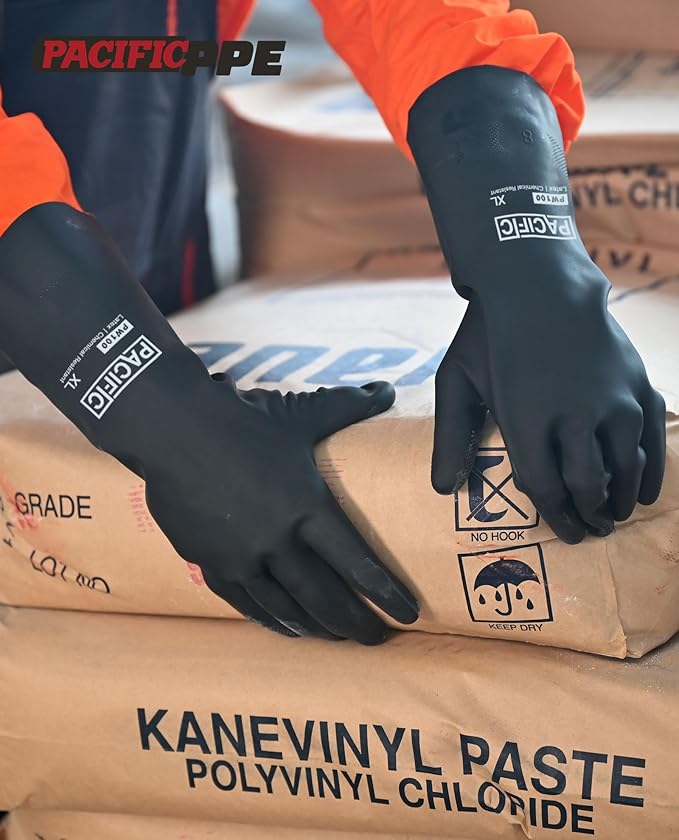 PACIFIC PPE 2 Pairs Chemical Resistant Gloves, Heavy Duty Industrial Rubber Gloves, Resist Acid, Alkali and Oil, 12.6", Medium