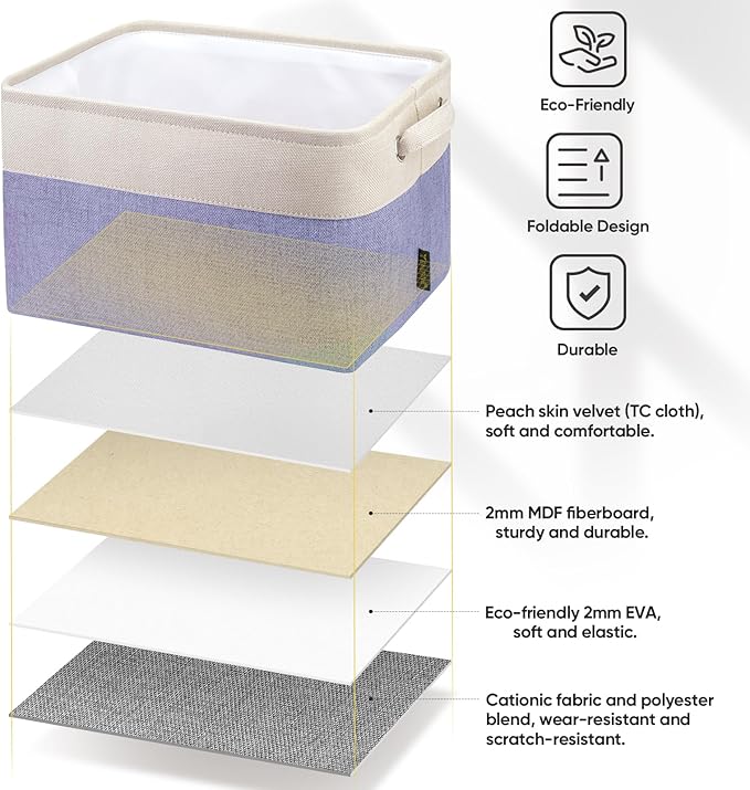 BALEINE 3 Pack Fabric Storage Bins for Shelves, Linen Storage Baskets for Organizing, Decorative Closet Bins for Clothes, Home (Lavender, 12"x8"x8")