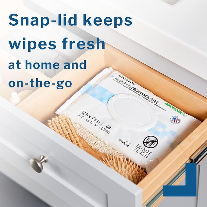 McKesson Washcloth Wipes for Adults, Unscented (12 Pack, 576 Washcloths) Disposable Wash Cloths for Body - Fragrance-Free No-Rinse Formula - Good for Incontinence and Elderly - 48 Wipes Per Pack