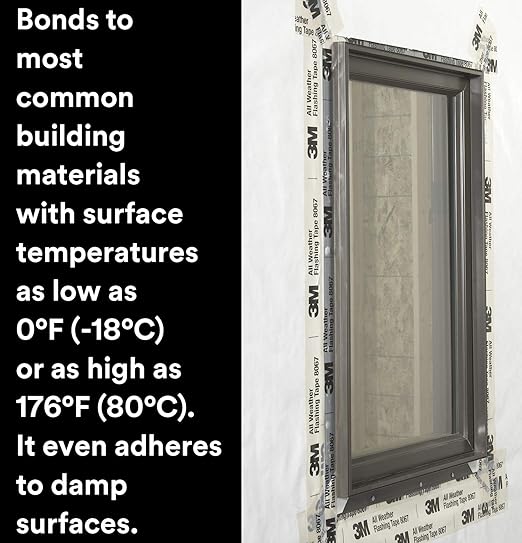3M All Weather Flashing Tape 8067, 9 in x 75 ft, 1 Roll, Adhesive Backed Split Liner, Prevents Moisture Intrusion, Waterproof Flashing Seals Doors, Windows, Openings in Wood Frame Construction
