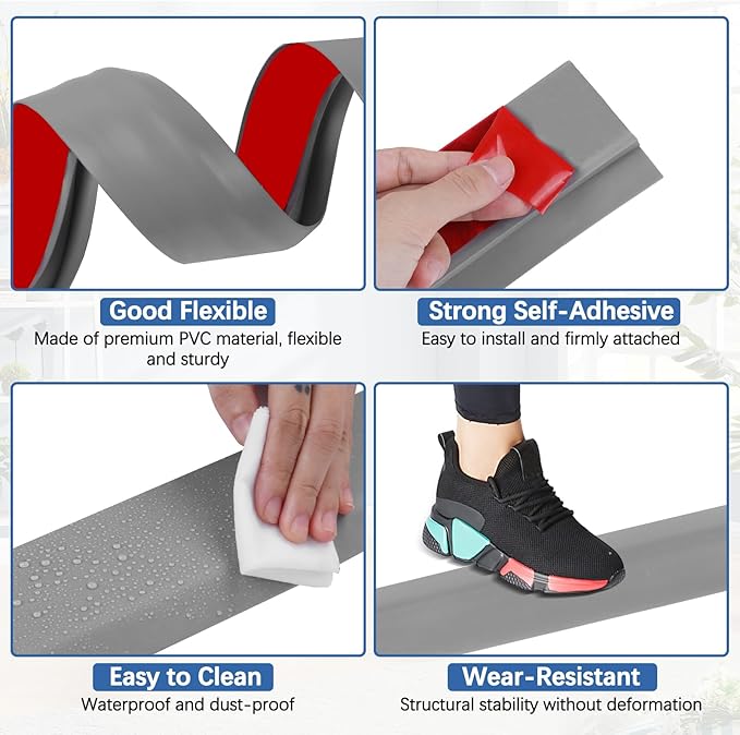 Vinyl Door Threshold Flooring Transition Strip Self Adhesive Carpet Edging Strip for Laminate Doorway Edge Threshold from 3/5" to 4/5" (Gray, 10 Ft)