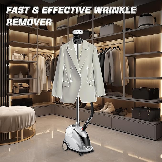 Anthter Steamer for Clothes, 1500W Powerful Standing Garment Steamer with Roll Wheels, 2.4L Water Tank for 90 Mins Continuous Steaming, 35s Fast Heat-up (Silver)