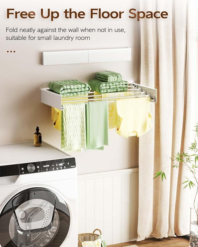 Foldable Wall Mounted Clothes Drying Rack - 32", Collapsible Laundry Drying Rack for Clothing & Towels - Includes Wall Template