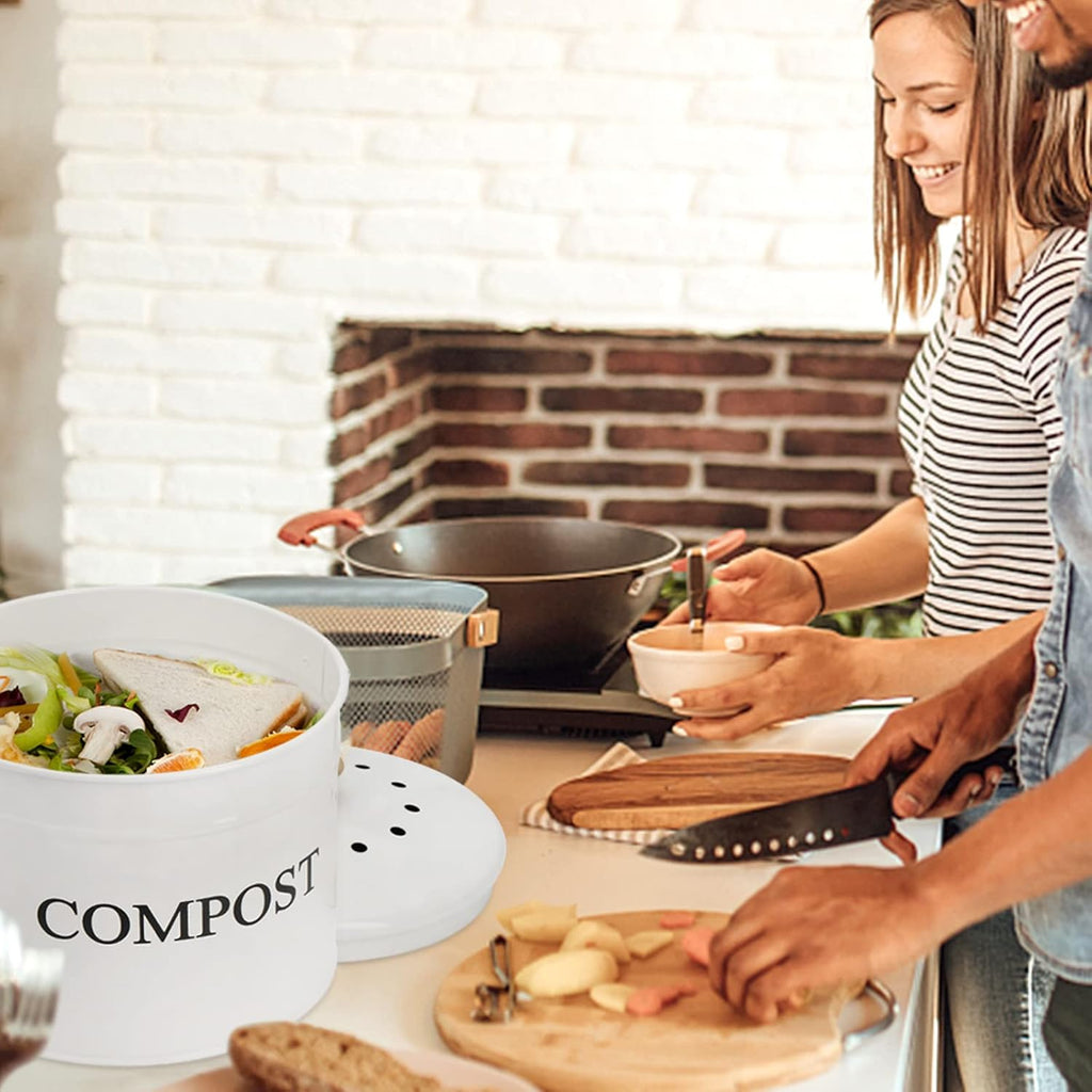 AVLA Compost Bin Kitchen Countertop, 1 Gallon Composter Pail, Food Waste Composting Bucket, Odorless Trash Keeper Container, White Scraps Caddy with Charcoal Filter, Carrying Handle, Lid