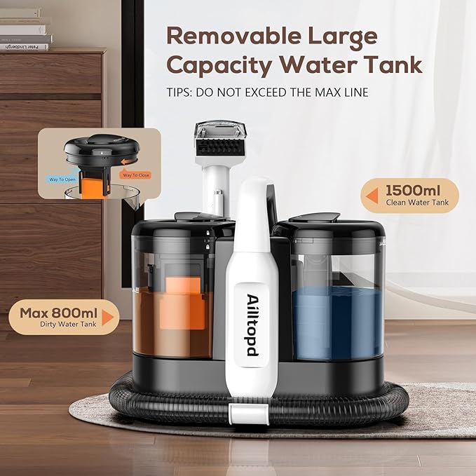 Upholstery Cleaner Machine, Portable Carpet & 15Kpa Upholstery Spot Cleaner Machine, Deep Stain Cleaning for Carpet, Pets, Stairs, Car Seat, Couch, with Dual Size BrushHead and Cleaning Solutions