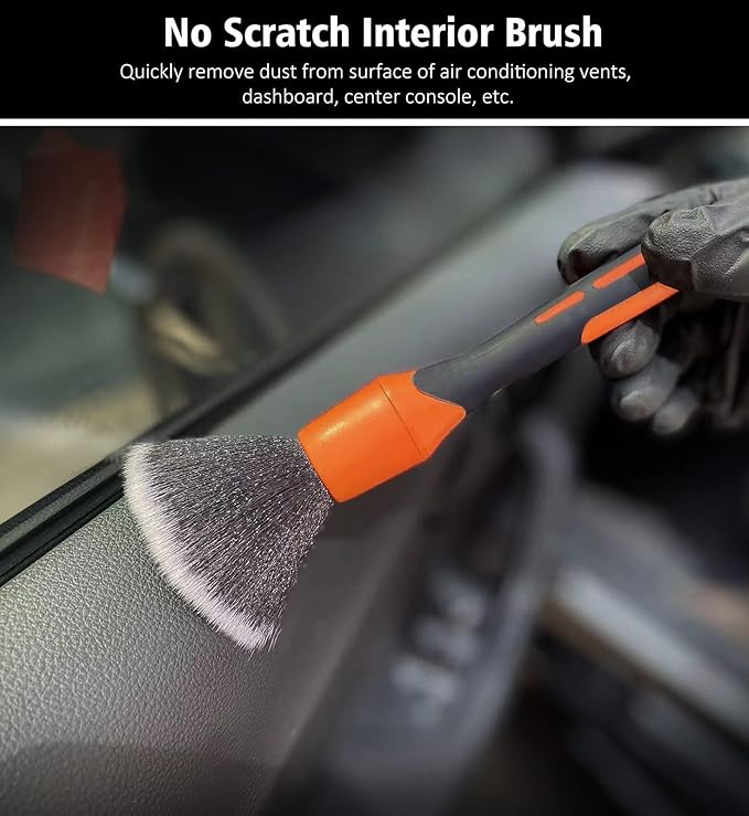 YeewayVeh 3pcs Car Detailing Brush Set, 1pc Boars Hair Detailing Brushes,1pc Ultra Soft Detail Brush for Air Vent Leather Seat, 1pc Scratch Free Car Detailing Brushes for Interior Exterior, Orange