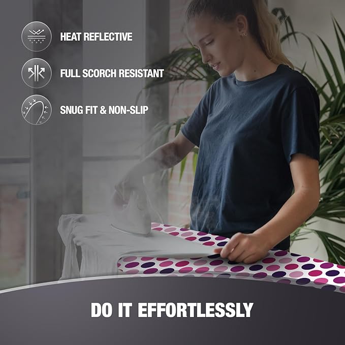 Extra Thick Ironing Board Covers with Pad Standard Size 15x54, Snug Fit Adjustable Drawstring Tightening with Stopper, Heat Reflective Coating, Nose Pocket and Fastener Straps, Polka Dots