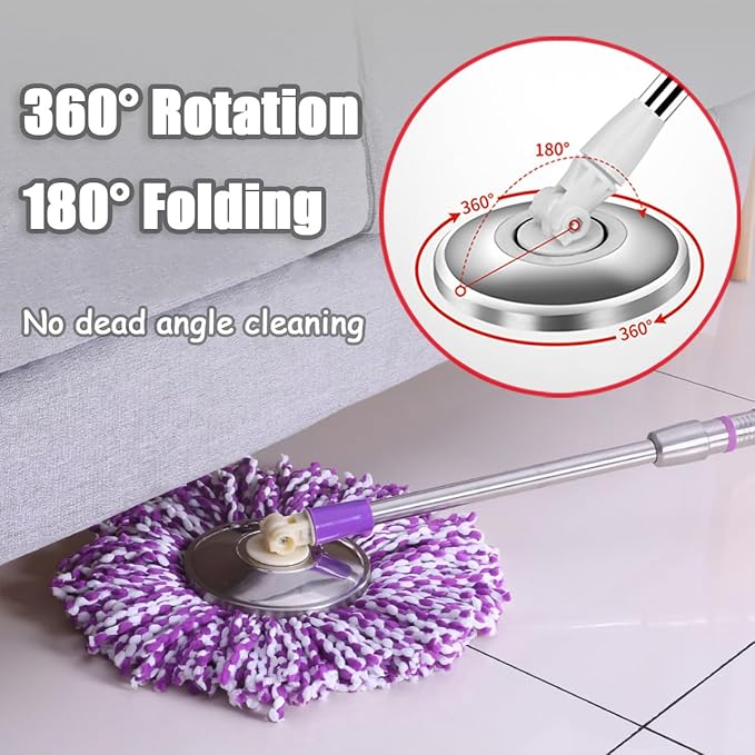 Extended Spin Mop Replacement Mop Handle, Upgraded 60-inch 360 Degrees Rotating Telescopic Replacement Mop Stick for Spin Mop Bucket Cleaning System (Stainless Steel Disc, Purple)