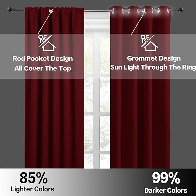 RYB HOME Kitchen Curtains 45 inch Length 2 Panels Set, Privacy Assured Drapes Room Darkening Small Window Treatment for Cafe Bathroom, W29 x L45 inch, Burgundy Red