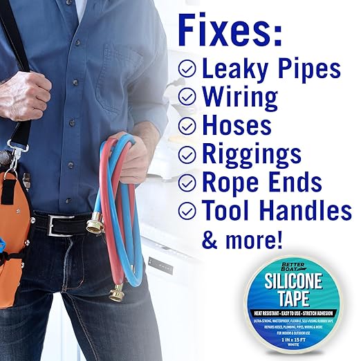White Heavy Duty Silicone Tape, Self-Fusing Rubber Hose and Plumbing Water Pipe Repair Seal, Coax Electrical or Waterproof Tape for Leaks, 15ft