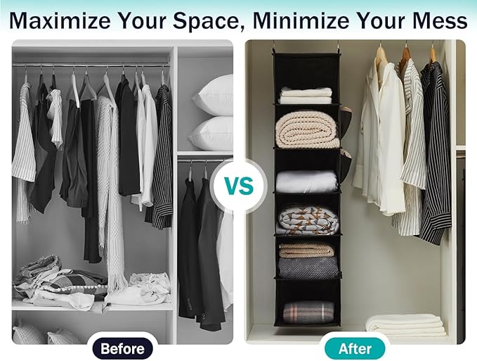 YOUDENOVA Hanging Closet Organizers and Storage, 6-Shelf Hanging Closet Shelves, Black
