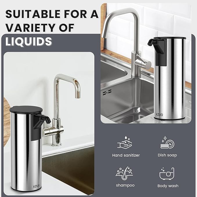 Automatic Soap Dispenser Touchless 11.8oz 4-Level Adjustment Auto Hand Soap Dispenser Stainless Steel Rechargeable for Bathroom Kitchen Hotel(Silver+Silver)