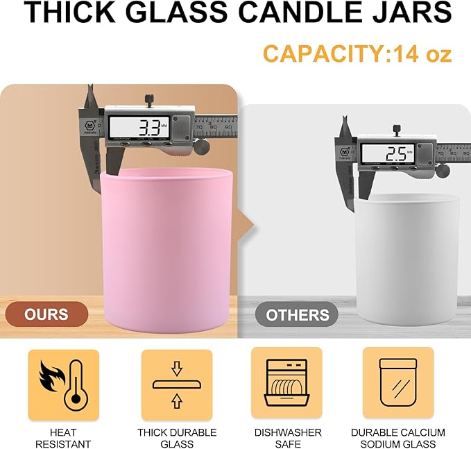 SHOWIN 14 OZ Thick Candle Jars for Making Candles 12 Pcs, 3 Wick Empty Jars with Wood Lids for Candle Making, Sample Container, Matte Pink