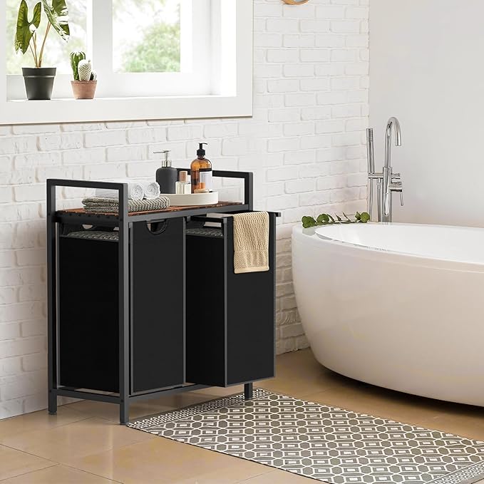 Laundry Hamper, Laundry Sorter with 2 Pull-Out Removable Oxford Fabric Bags Cloth Laundry Basket 2 x 10 Gallons (Black and Rustic Brown)