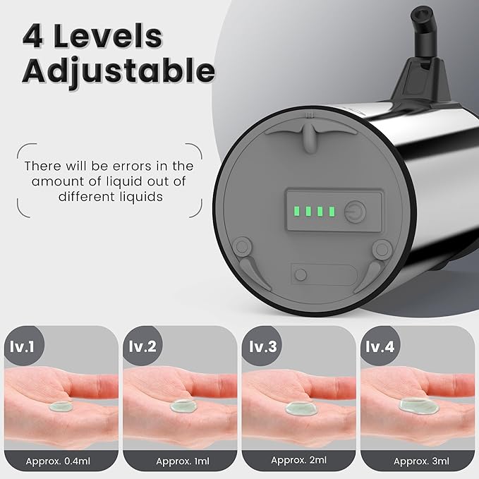 Automatic Soap Dispenser Touchless 11.8oz/350ml Four-Level Adjustable Dispenser Volume，Stainless Steel Material,Battery Powered for Wide Compatibility in Kitchen, Bathroom, Hotel & Office