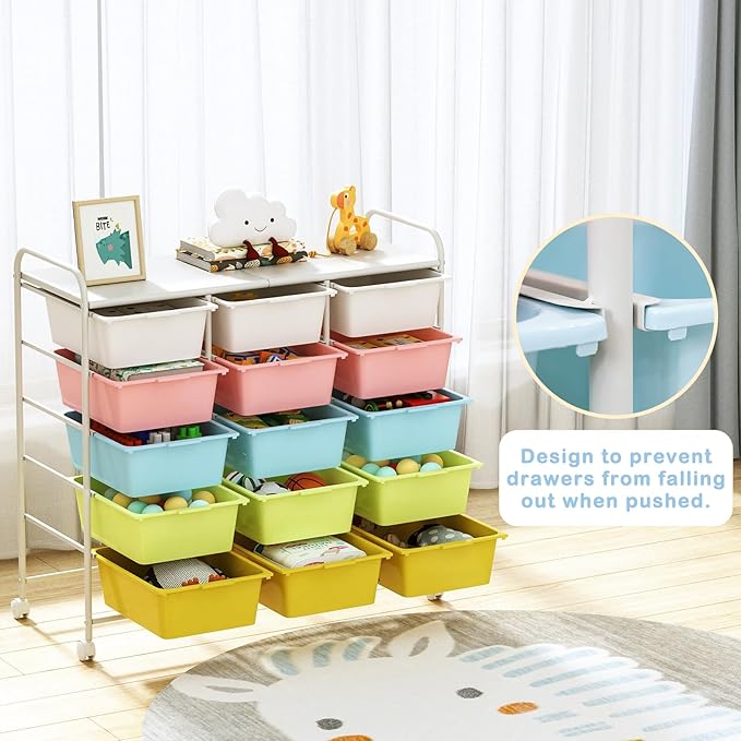 15 Drawers Rolling Cart With Wheels, Plastic Storage Drawer With Metal Frame, Multipurpose Art Craft Organizer, Utility Cart for Home, Office, School, Multicolor