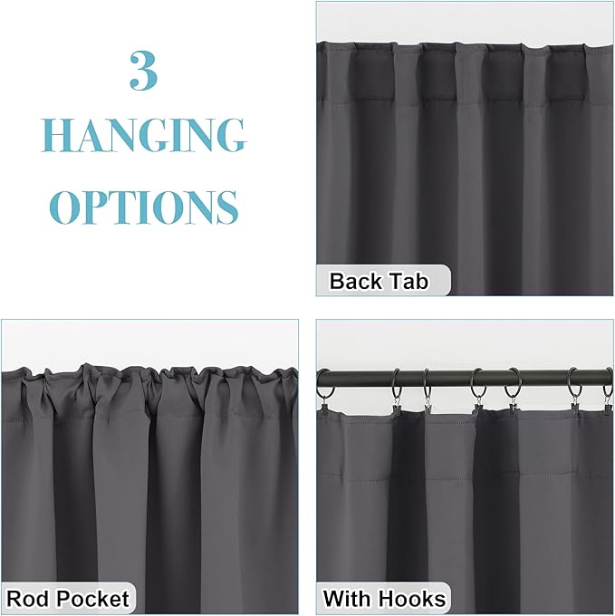 RYB HOME Blackout Curtains for Bedroom - Thermal Insulated Light Block Window Curtains, Back Tab Top Kitchen Drape Panels, Wide 42 x Long 45, Grey, 1 Pair