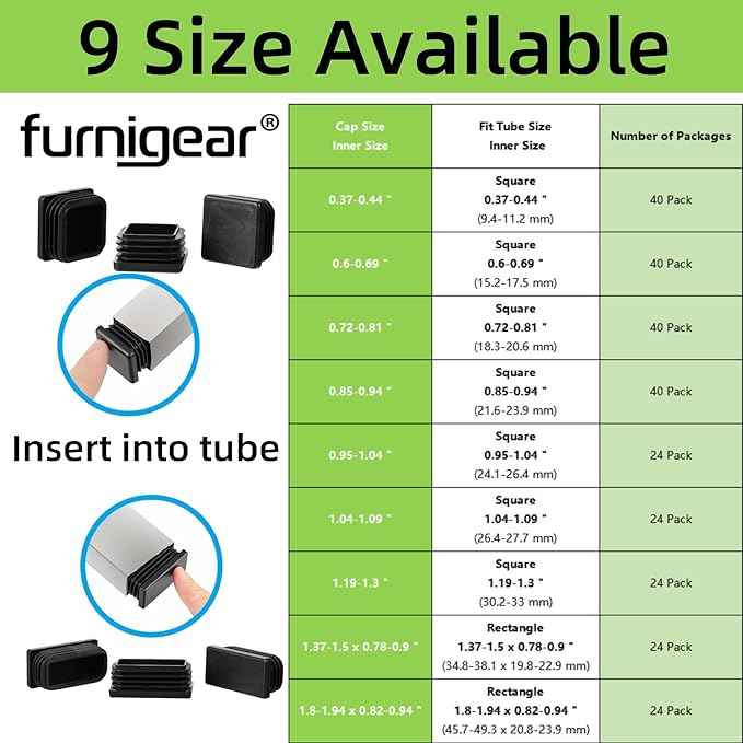 Furnigear Plastic Plugs Tubing End Cap Chair End Caps Outside Bottom Tubing Caps Square Furniture Sliders Glides Black (24, Fit 1.19-1.3" Square Tube Inner Size)