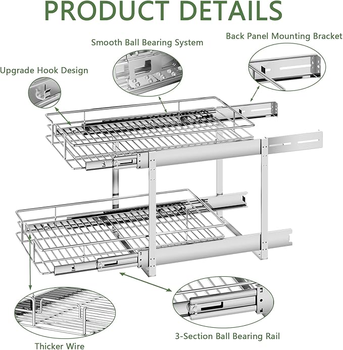 2 Tier Individual Pull Out Cabinet Organizer 10½" W x 18" D, Heavy Duty Cabinet Pull Out Shelves, Slide Out Drawers Organization for Kitchen Cabinets Bathroom