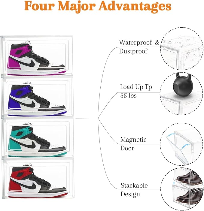 9 Pack Thicken Shoe Organizer Stackable Upgraded Sturdy Transparent Shoe Storage Box with Magnetic Door Sneaker Hats Display Case Fit Up to US Size 12, Clear