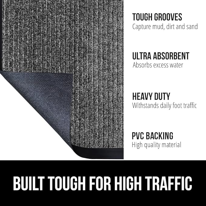 GORILLA GRIP Traffic Guard Door Mat, Heavy Duty Welcome Mats, Commercial Office Space Doormat, Waterproof, Fade Resistant, Strong Rubber Backing, Low Profile, Shoe and Boot Scraper, 29x17, Light Gray