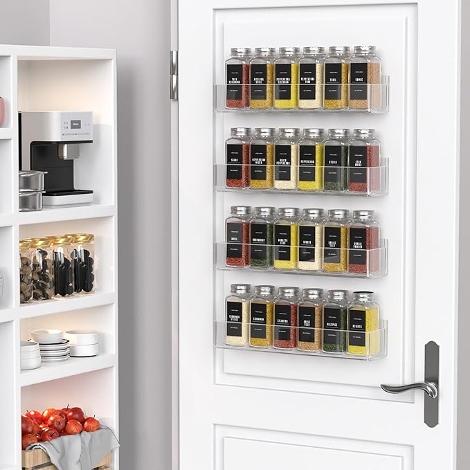 PMMASTO Adhesive Acrylic Spice Rack Organizer with 12 Empty Square Spice Jars, 238 Spice Labels with Chalk Marker and Funnel Complete Set for Kitchen Cabinet/Pantry Door (Clear - 2 Pack)