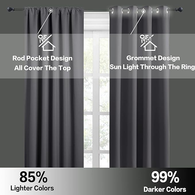 RYB HOME Blackout Curtains 63 inches Long - Energy Saving Insulation Large Window Curtain Blinds for Bedroom Living Room Dining Basement Home Office, W 70 x L 63 per Panel, Grey, 2 Pcs