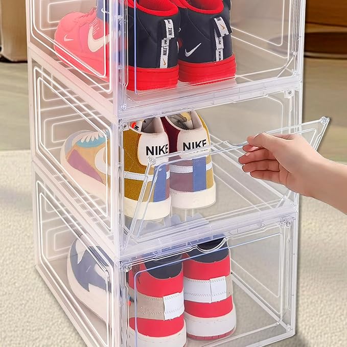 9 Pack Thicken Shoe Organizer Stackable Upgraded Sturdy Transparent Shoe Storage Box with Magnetic Door Sneaker Hats Display Case Fit Up to US Size 13, Black