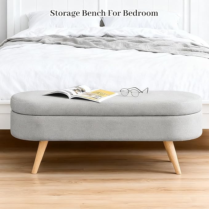 Storage Bench, 43" Storage Ottoman Bench for Bedroom, Upholstered Entryway Benches with Seating, Rubber Wood Legs, Shoe Storages Benches for Bedroom, Living Room, Entryway, Bed Side, Grey