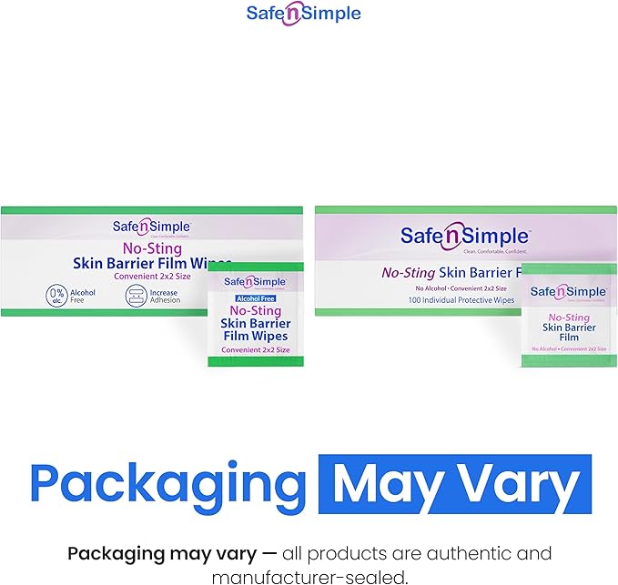 Safe n' Simple No Sting Skin Prep Wipes - 100 Individual Ostomy Barrier Film 2.4" x 2.4" - Skin Barrier Film Wipes for Ostomy - Protective Sting Free Skin Barrier