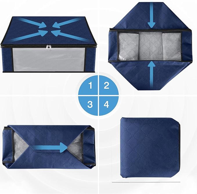 HomeHacks Storage 8-Pack Clothes Organizer Storage Bags Foldable Storage Box with Large Clear Window Sturdy Handles for Closet, Dorm, Pillows, Bedding, Clothes, Blankets, 35L, Blue