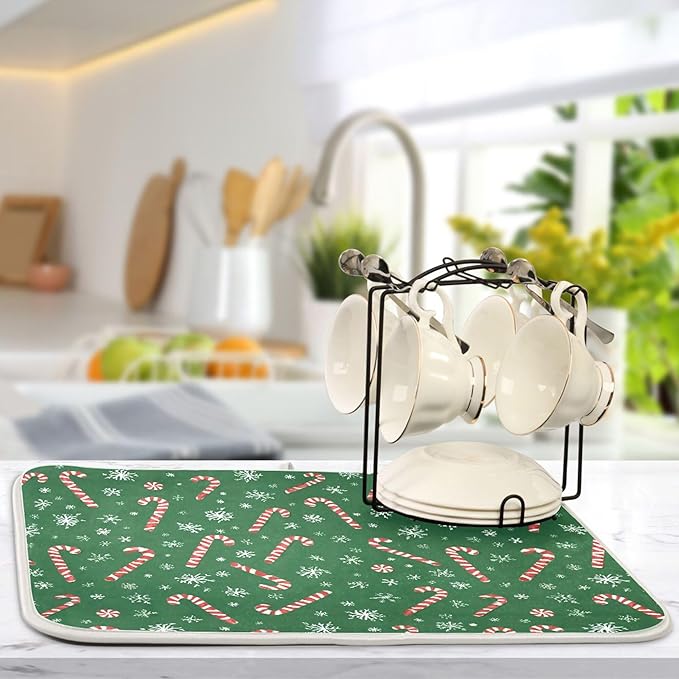 Christmas Candy Cane Dish Drying Mat for Kitchen Countertop 18x24 Winter Snowflake Green Xmas Large Drying Mat Reusable Quick Dry Dish Sink Mats Easy Clean Decorative Essentials