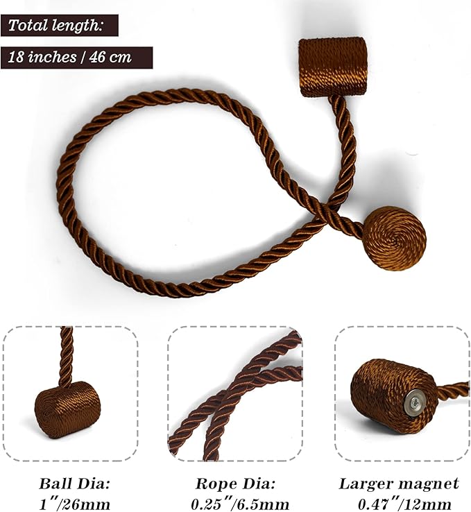 Hion Magnetic Curtain Tiebacks Dark Brown 4 Pack, Curtain Tiebacks Buckles Holdbacks Holders Hooks Clip for Home Bedroom Office Decorative Thick or Thin Curtain