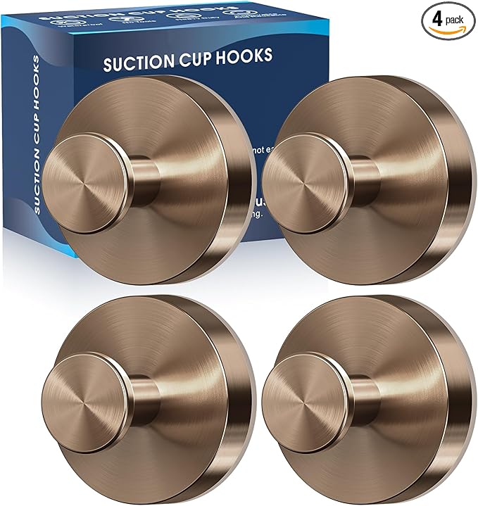 Suction Cup Hooks for Shower,4Pcs Shower Towel Suction Hooks,No Drill Towel Hooks for Bathroom Wall,Kitchen,Glass,Mirror,Tile to Hang Towels,Robes,Loofah-Champagne Bronze