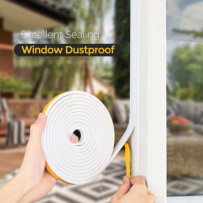 16 Feet Weather Stripping Door Seal, 1" Wide X 3/4" Thick Door Seal Strip High Density Foam Tape Adhesive Strip for Door Soundproofing,Window Insulation (1" x 3/4" x 16FT,White)