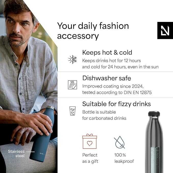 LARS NYSØM Stainless Steel Insulated Water Bottle 12oz 17oz 25oz 34oz 51oz | Insulated Thermo Flask for Hot and Cold Beverages | Leakproof Drinking Bottle (Stainless Steel, 25.4oz)
