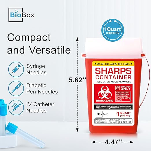 Sharps Container Large - Sharps Containers for Home Use and Labs - Portable Needle Disposal and Travel Size Biohazard Bin - 1 Quart (Pack of 5)