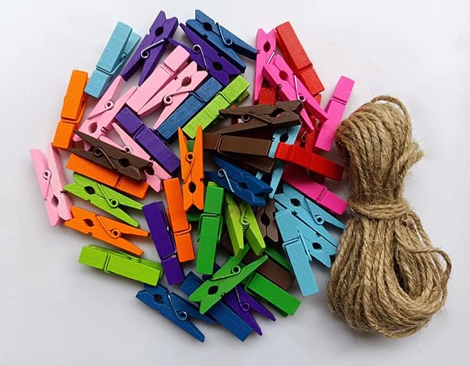 Durreus Colorful Small Clothes Pins Photos String Display with Clips Art Hanging Kit for Artwork 50Pcs
