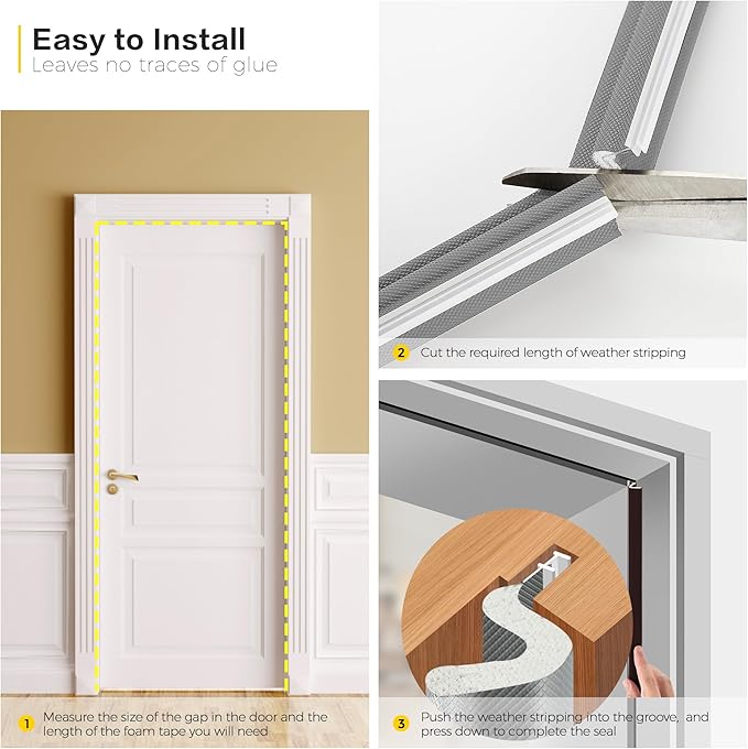 Weather Stripping Door Seal Strip Soundproof Q Foam Tape, Exterior Door Insulation Strip for Large Gap, Easy to Install(Grey, 26FT)