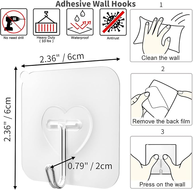 DGYB 40 Pcs Clear Adhesive Hooks for Hanging 22lb Self Adhesive Wall Hooks Heavy Duty Waterproof Transparent Sticky Hooks for Shower Home Bathroom Kitchen Office