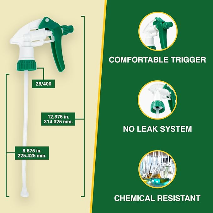 Heluva Green Spray Bottle Nozzle Replacement, Bottle Tops Only - Sprayer Nozzle Triggers for Heavy Duty, Commercial, Home Cleaning Solutions - Fits 8,16,24,32 oz Plastic & Glass Bottles, Green 3 pack