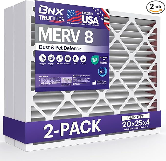 BNX TruFilter 20x25x4 (19.5’’ x 24.5’’ x 3.63‘’ Slim Fit) MERV 8 Air Filter 2-Pack - MADE IN USA - Air Conditioner Furnace Filters HVAC AC Furnace Filters for Dust, Pet, Mold, Pollen MPR 600-700 FPR 5