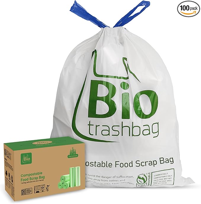 13 Gallon Compostable Trash Bags, 100 Count Biodegradable Drawstring Compost Food Waste Bags, Heavy Duty 1 Mil, 49.2 Liter, Tall Kitchen Large Garbage Bags, US BPI and Europe OK Compost