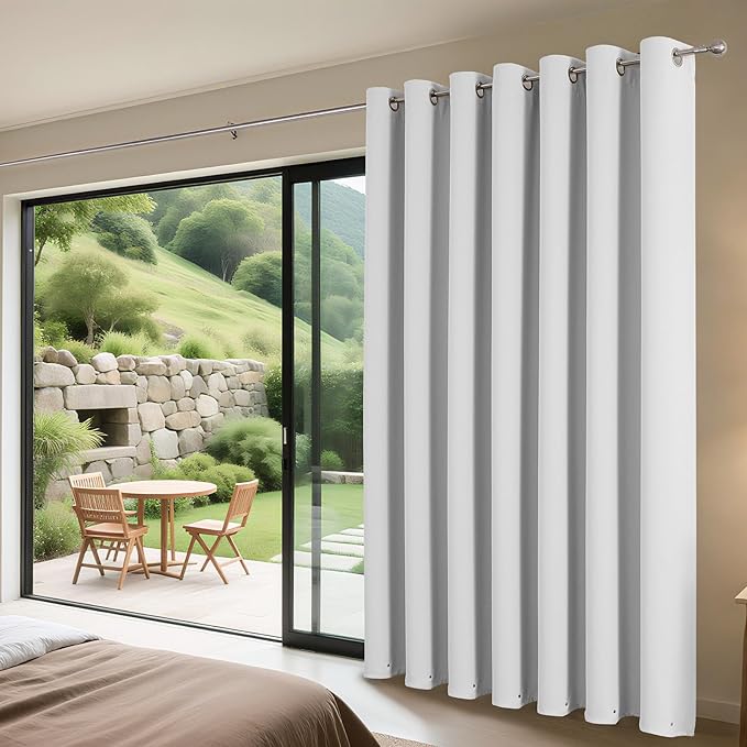 Joydeco Blackout Patio Sliding Door Curtains 90 Inches Long, Grommet Privacy Room Divider Curtains, Extra Wide Thermal Blackout Drapes for Bedroom Living Room (Greyish White 100Wx90L, 1 Panel)