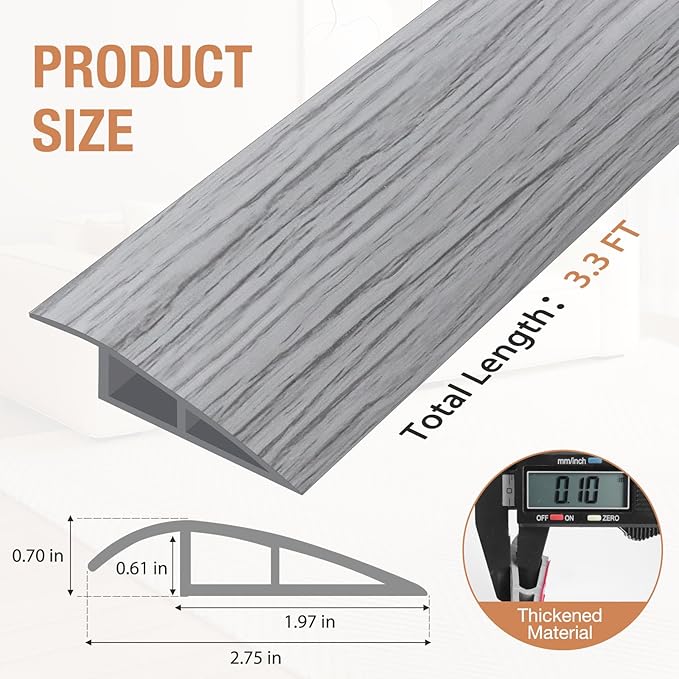 Floor Transition Strip Self Adhesive Vinyl Door Threshold for Doorways Carpet Edging Trim Overlap Edge Reducer for Laminate Floor, Carpet, Tile (Light Gray Wood Grain, 2/5" to 3/5", 3.3Ft)